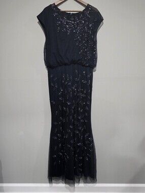 JS Collections Black Beaded Maxi Dress Gown Formal Wedding Sz 14